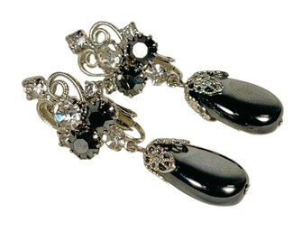 Good Costume Clip Earrings W Rhinestones Drops Silver Tone