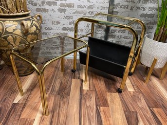 Pairing Of Glass Top Brass Accent Tables