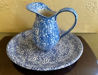 Stangl Blue Spatterware Pitcher And A Spatterware Bowl