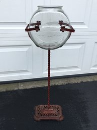 Rare Antique Cast Iron Fish Bowl Stand With - Ornate Cast Iron Base With Glass Fishbowl - Very Nice !