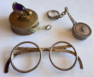 Vintage Eyeglasses Pin, Pot With Removable Lid Key Chain & Measuring Tape With Bird