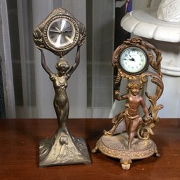 Two Antique / Vintage Brass Clocks Cherub / Nude - One Is New Haven The Other Has Replaced  New Movement