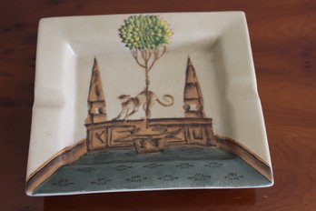 Chinese Ashtray With Monkey And Lemon Tree Topiary  8 X 7