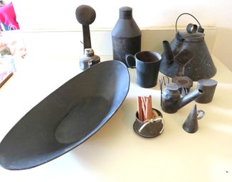 10 Piece Primitive Tinware Teapot, Cup, Tray & Candle Holder