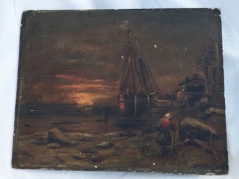 Very Nice Antique Oil On Board Of Ship In Port - Unsigned - Panel Has Label From Canada - McGill St Montreal