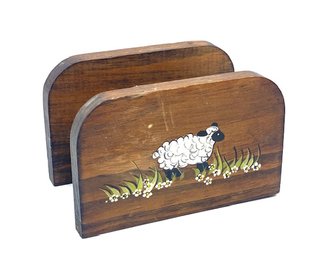 Vintage Wooden Hand-painted Napkin Holder W/ Lamb Motif