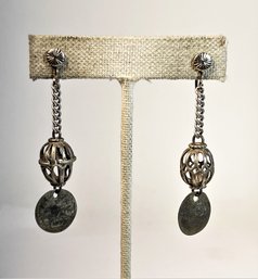 Pair Ethnographic Silver Screw Back Drop Earrings Having Coins Filigree