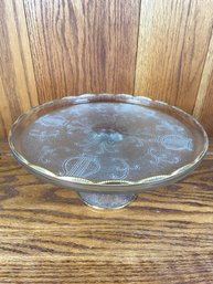 Harp Lyre Clear Glass Cake Stand Gold Rim 10x4.75 No Chips