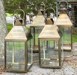 A Group Of 4 Large Modern Lanterns In Antique Brass Finish