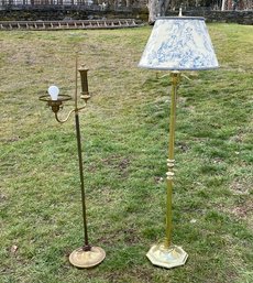 A Pairing Of Brass And Bronze Standing Lamps With Nice Toile Shade