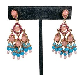 Signed Joan Rivers Fancy Pink Blue Rhinestone Pierced Earrings