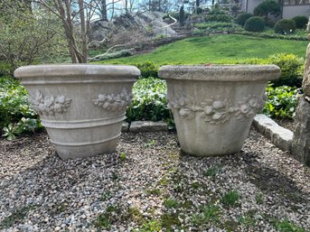 Two Large Cement Garden Planters With Wreath Design