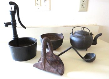 5 Piece Primitive Cast Iron Pump, Teapot & Bowl