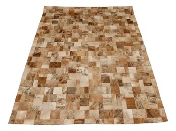 Beige And Tan Cowhide Square Pieced Patchwork Rectangular Rug With Zigzag Stitch