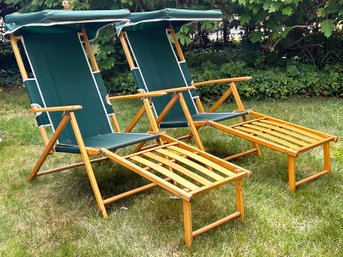 A Pair Of Vintage Steamer Style Beach Chairs With Awnings