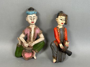 Vintage Hand Sculpted & Hand Painted Wooden Burmese Temple Musician Figures