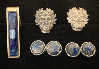 Sterling Silver Roman Face Cufflinks Paired With Semi Precious Blue Stone Cufflinks And Tie Pin