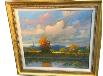 A Beautiful Fine Art Oil Impressionist Painting - Golden Hour Landscape In Autumn