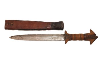 Dagger With Wood Carving Handle And Leather Sheath