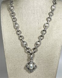 Fine Study Sterling Silver Judith Ripka Necklace Having Genuine Pearl Pendant 17' Long