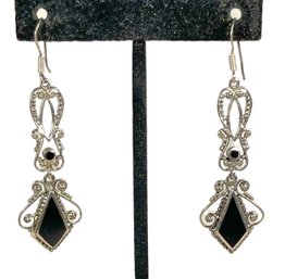 Sterling Silver Black Onyx Pierced Earrings Ear Pendants