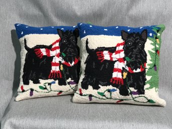 Two Adorable Scottie Christmas Dog Pillows - Crewel / Needlepoint - Brand New Still In Plastic - GREAT GIFT !