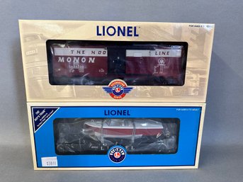 NIB Lionel Trains: Lionel Lines Flat Car With Boa & Monon Operating Box Car, 6-26078 & 6-29856