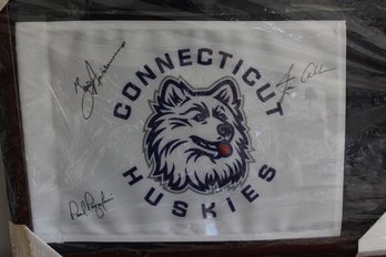 UCONN Huskies Flag Signed By 3 Coaches  Geno Auriemma 1985-   Jim Calhoun 1986-2012 Paul Pasqualoni 2011-2013.