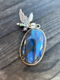 Silver Natural Cabochon Gemstone Bezel Pendant With Angel Wing And Pearl Charms