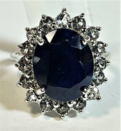 Fine Large Blue Sapphire Surrounded By White Spinel Stones Ladies Dinner Ring Size 6