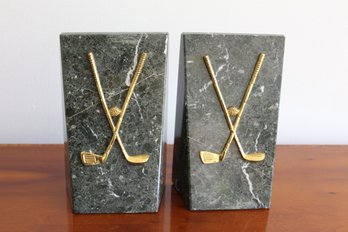 Green Marble Book Ends With Brass Golf Club Decoration  8 High