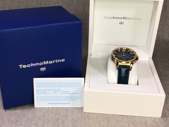 Fantastic Mens $295 TECHNOMARINE MoonSun Chronograph Watch - Brand New In Box - Goldtone With Blue Croc Strap