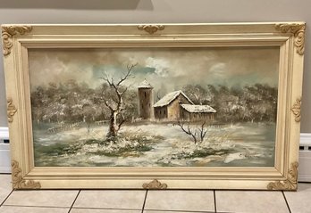 Large 'WINTER FARM 'By, E VWIN Oil On Canvas