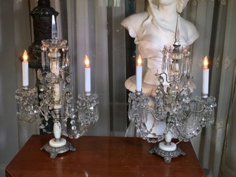 Wonderful Pair Of Vintage Marble And Crystal Table Sconces - Working Condition - Very Pretty Pair - Wow !