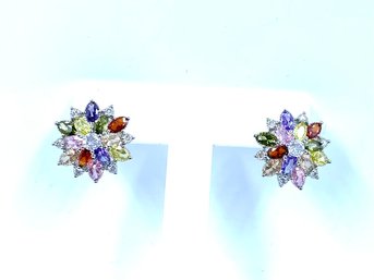 Stunning Silvertone 'Floral Snowflakes' Earrings W/ Multicolor Stone Design