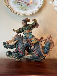 Chinese Warrior Riding A Dragon Sculpture