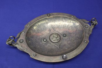 Mid 1800s Austrian Swan Handled Engraved Silver Plated Footed Serving Tray
