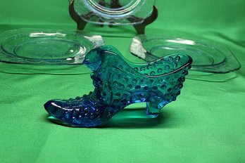 VTG Cobalt Fenton Glass Hobnail Shoe W/ Panther Cat Accent