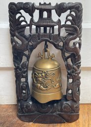 Vintage Chinese Brass Gong Bell With Elaborately Carved Wood Stand