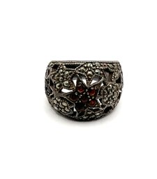 Vintage Sterling Silver Large Intricate Ruby Red Color Stones Ring Size 7