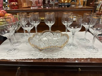 Set Of 10 Gold Rimmed Wine Glasses & Gold Rimmed Crystal Bowl