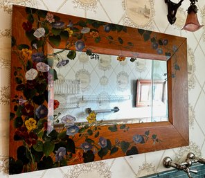 Vintage Wall Mirror With Original Oil Painting On Wide Solid Wood Frame