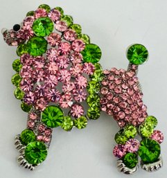 LARGER SIZE GREEN AND PINK RHINESTONE SILVER TONE POODLE BROOCH