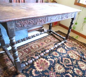 Antique Carved '1676' Table With Turned Wood Legs