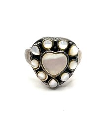 Vintage Sterling Silver Mother Of Pearl Color Heart Ring, Size 6.75