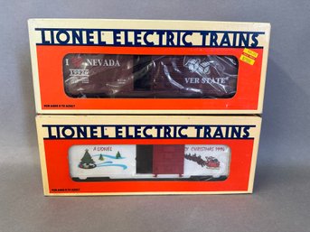 NIB Lionel Trains: Christmas Box Car & I Love Nevada Boxcar, 6-19928 & 6-19926