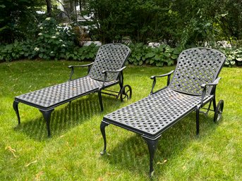 Pair Of Mediterranean Style Black Cast Aluminum Pool Patio Chaise Lounge Chairs