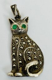 VINTAGE SIGNED STERLING SILVER CAT WITH CHRYSOPRASE EYES AND MARCASITE PENDANT