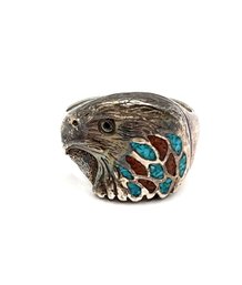 Vintage Native American Sterling Silver Turquoise And Coral Color Inlay Eagle Head Ring, Size 9.5
