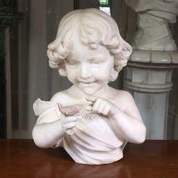 Lovely Antique Marble Bust Of Little Girl With Bird - Very Pretty Details - Although Unsigned - Well Done